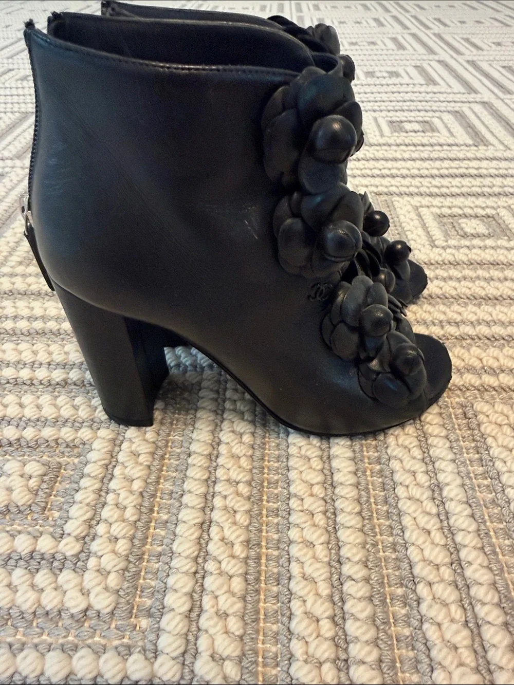 CHANEL Black Leather Floral-Embellished Strappy Heels